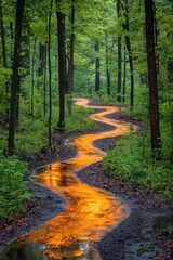 Fototapeta premium Enchanting forest trail reflecting golden sunlight through trees creating a mesmerizing natural landscape and peaceful ambiance in a serene woodland