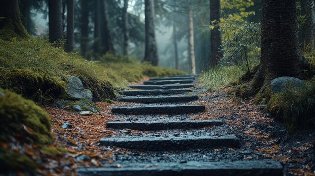 Wooden steps leading up a hill through a dense forest