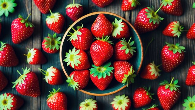 Fresh ripe strawberries arranged around a bowl filled with more strawberries on a rustic wooden surface