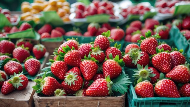 Fresh ripe strawberries in wooden and plastic crates at a farmers market with blurred background of more fruits and produce.