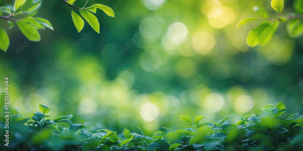 Poster green foliage with soft bokeh background featuring blurred leaves and light in a natural setting