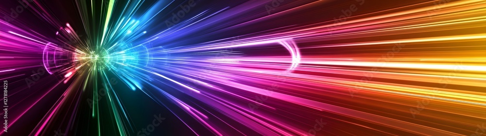 Poster dazzling explosion of vibrant prismatic light bursts and streaks of energy in a dynamic cosmic inter