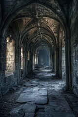 Dungeon Corridor. Abandoned Tunnel with Ghostly Interior in Dark, Stone City