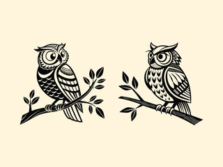 Black and white silhouette owl logo design illustration.