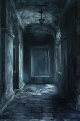 Obraz premium Dungeon Corridor: Abandoned Tunnel with Ghostly Light in Dark Stone Architecture