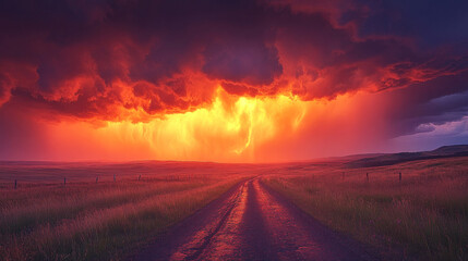 Tornado alley scene with a distant funnel cloud framed by a dramatic orange and purple sky