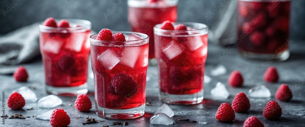 Poster glasses of refreshing raspberry drink with ice cubes and fresh raspberries on dark table surface wit