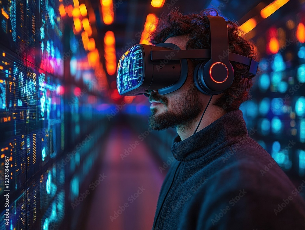 Poster man using vr headset, immersed in futuristic digital data visualization. neon lights illuminate the 