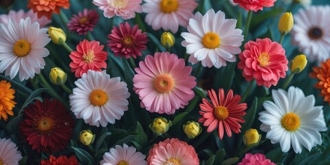 Fototapeta premium Colorful assorted blooming flowers including daisies and tulips in a lush garden setting with vibrant petals and green foliage