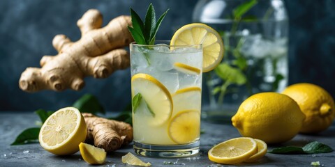 Ginger lemon cooler cocktail with fresh lemon slices and ginger root on a textured background with mint leaves and ice cubes