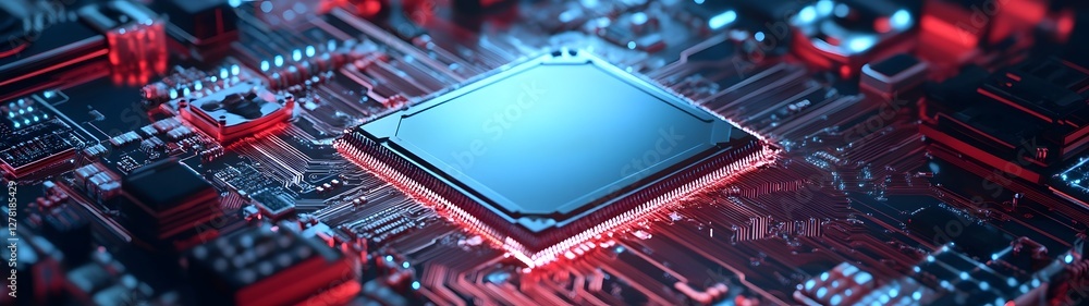 Poster Detailed close up image of a complex computer circuit board with various electronic components including a central processing unit CPU microchip capacitors resistors
