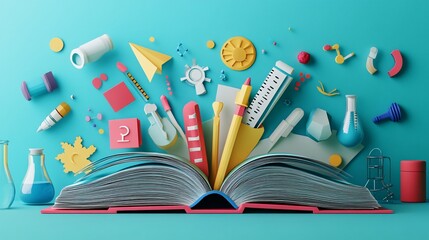 Layered papercut of school supplies bursting from an open book over a science background, perfect for back-to-school campaigns and educational visuals.