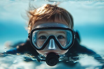 Child explores underwater world while snorkeling during sunny day at the pool