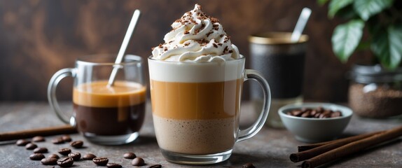 Two coffee drinks in transparent cups with whipped cream and chocolate sprinkles, coffee beans and cinnamon sticks on a rustic wooden surface