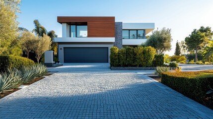 Fototapeta premium Modern Architectural Home with Landscape and Clean Driveway