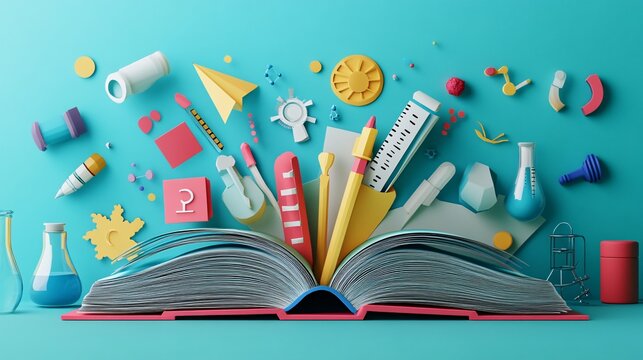 Layered papercut of school supplies bursting from an open book over a science background, perfect for back-to-school campaigns and educational visuals.