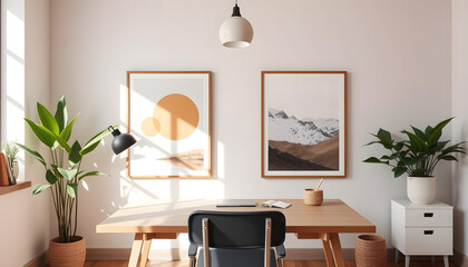 A modern home office with a natural aesthetic. A wooden desk with a laptop, plants, and stationery sits against a beige wall decorated with framed botanical posters and nature photography