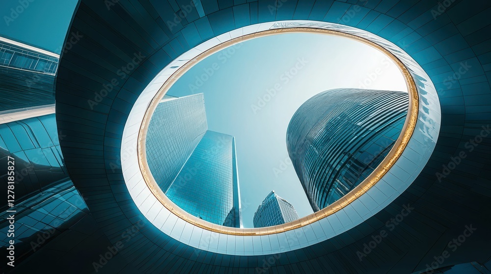 Poster modern architectural view from below with circular frame and skyscrapers