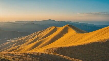 Obraz premium Golden rolling hills under a blue sky with distant mountains in soft focus during sunset light in a natural landscape scene.