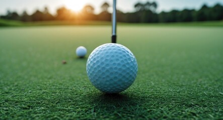 Obraz premium Close up of golf ball on green grass putting surface with another golf ball in background and sunlight in the distance