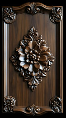 Detailed Wood Carving of Floral Design on Dark Brown Panel Wall Decoration