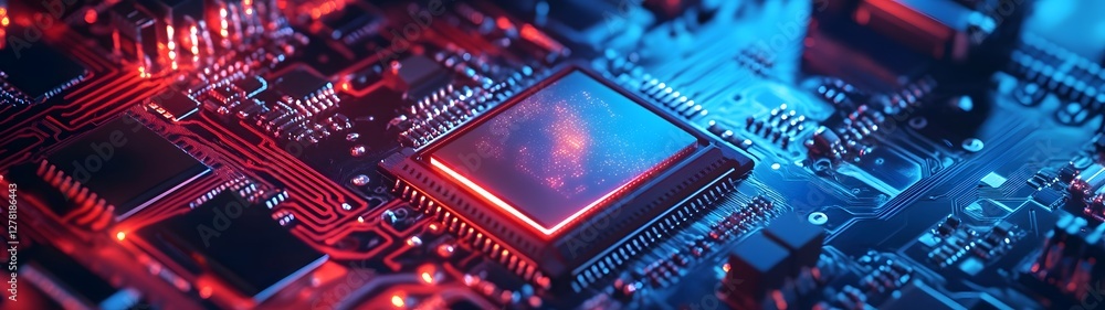 Poster Detailed close up view of an illuminated futuristic computer motherboard with glowing microchips integrated circuits and complex electronic components representing innovation technology