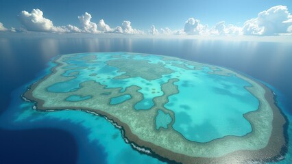 Fototapeta premium Aerial view of tropical island surrounded by coral atoll and clear turquoise ocean waters 