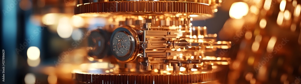 Aufkleber Detailed close up view of an intricate and complex bronze toned electronic circuit board with glowing patterns interconnected components and a futuristic high tech appearance