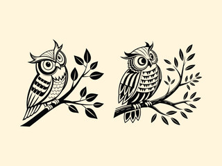 Black and white silhouette owl logo design illustration.