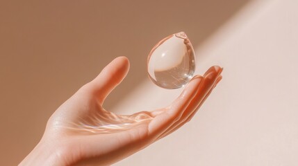 Luxurious transparent skincare serum drop, crystal clear gel texture, elegant hand pose, macro photography, clean minimalist aesthetic, soft studio lighting, cosmetic advertising style