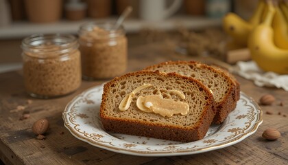 Serving Slices of Bread with Peanut Butter and Bananas on Wooden Table