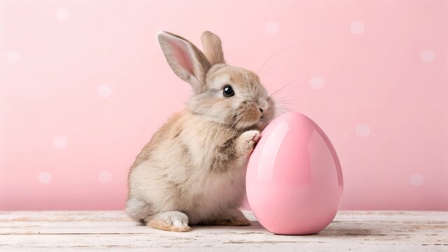 A cute baby bunny curiously touching a shiny pink Easter egg on a wooden surface against a pastel pink background. A heartwarming and festive springtime composition symbolizing innocence and joy.

