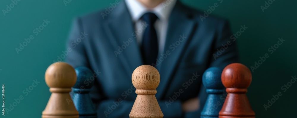 Poster a focused image of a man in a suit standing behind colorful game pieces, symbolizing strategy and de