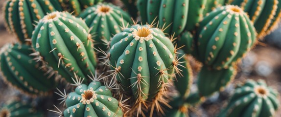 Green cacti with spines and light yellow flowers in a desert environment close-up photo