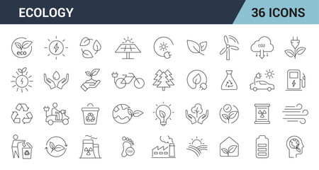 Ecology  Line Editable Icon Set. Environment, sustainability, nature, renewable energy electric bike, eco-friendly, forest, wind power, green,  and more. vector illustration.