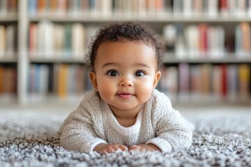 Baby with curly hair smiles while playing on a soft rug in a cozy library setting filled with books