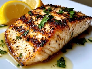 Grilled salmon with lemon slices on white plate