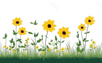 Fototapeta premium Ilustración de flores amarillas silvestres con hojas verdes y hierba sobre fondo blanco en un diseño botánico natural