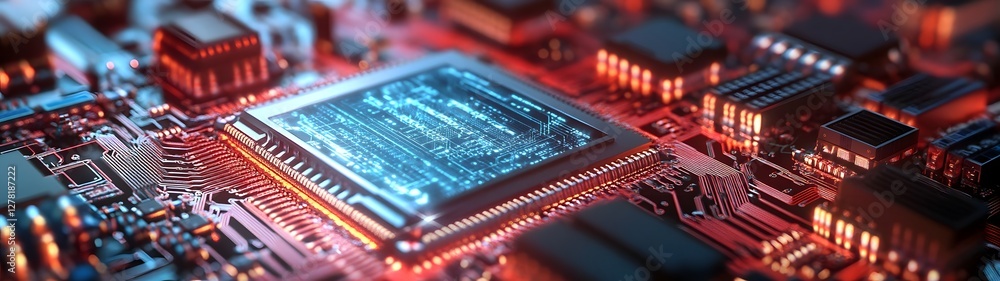 Poster Detailed close up view of an intricate computer circuit board with a futuristic design featuring glowing red and blue lights and complex electronic components