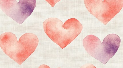 Fototapeta premium Watercolor Hearts Seamless Pattern on Linen Texture