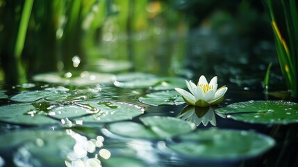 Close up of a white water lily on the surface of a pond with green lily pads and water droplets.