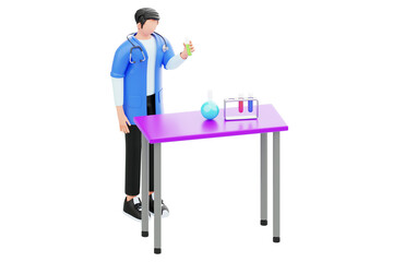 Doctor looking at a test tube 3D Character Illustration.