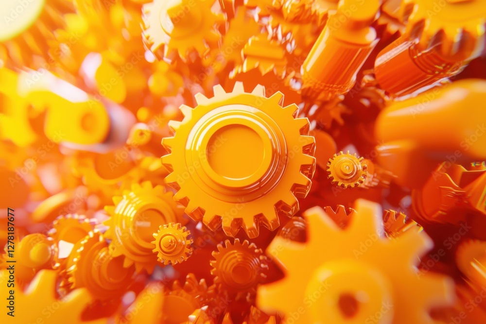 Poster a close-up view of vibrant orange gears interlocked, showcasing a complex mechanical design and emph