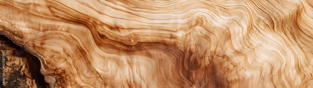 Poster Detailed close up view of an intricate and natural wooden surface texture featuring swirling grain patterns wavy lines and a rich brown color palette  The weathered