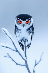 Naklejka premium Snowy owl perched on winter branch with vivid eyes