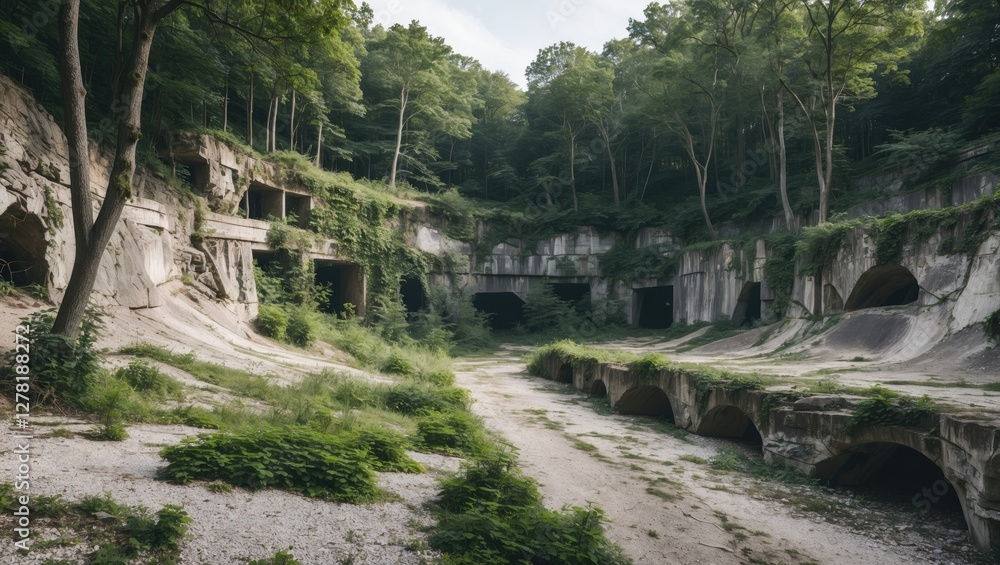 Poster abandoned concrete structures overgrown with greenery in a forested area with dirt paths and a cloud