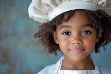 Young aspiring chef poses proudly in a white chef hat and apron, showcasing a passion for cooking in a studio setting