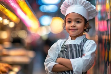 Young chef poses confidently in a vibrant kitchen, showcasing culinary skills and passion for cooking