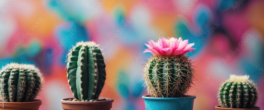 Aufkleber colorful arrangement of various cacti in pots against a vibrant blurred background with abstract pat