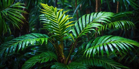 Fototapeta premium Lush tropical palm leaves with water droplets in a dense rainforest environment